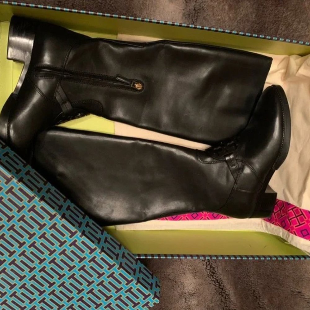 Black Leather Tory Burch Miller Pull-On Below The Knee Boots - Picture 8 of 10